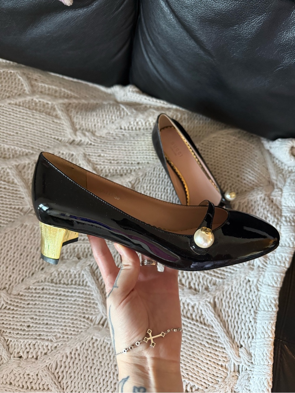 Gucci Black Patent Mary Jane Pumps with Gold Heel and Pearl Accent